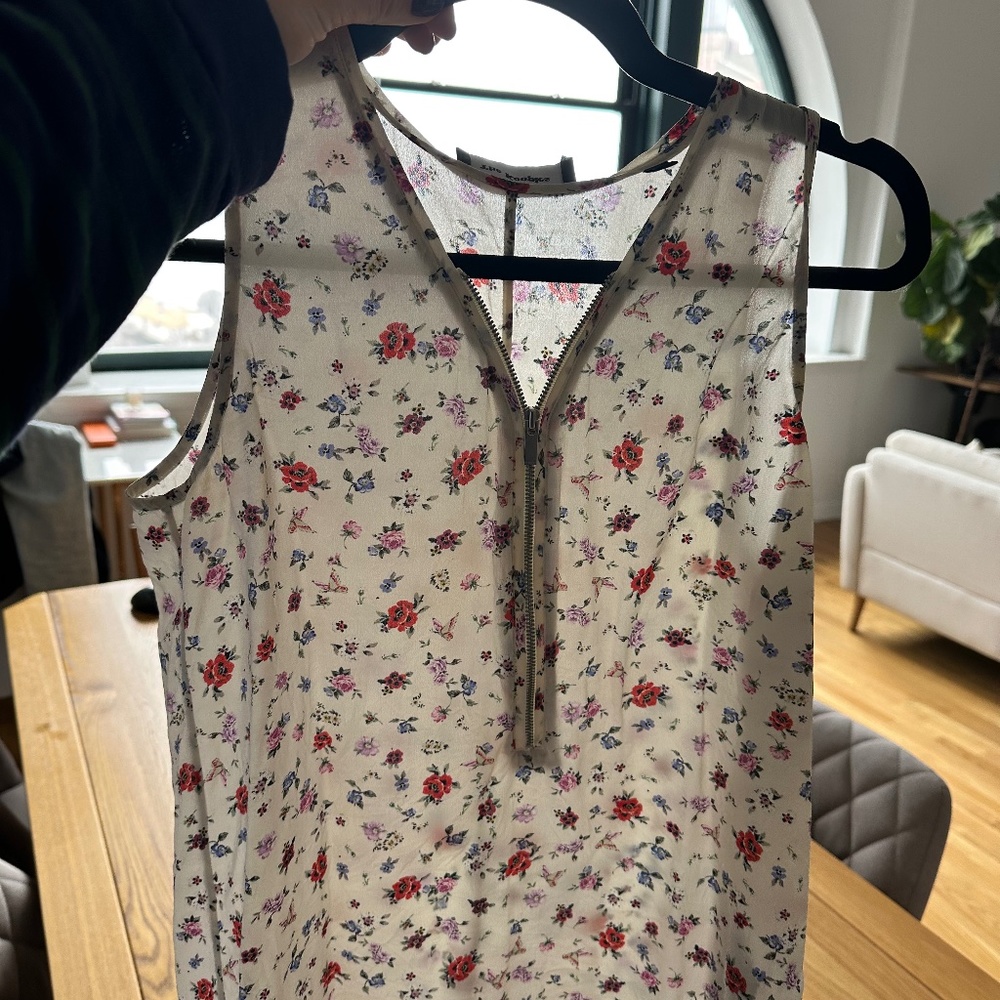 The Kooples Half Zip Beige Floral 100% Silk Tank Blouse